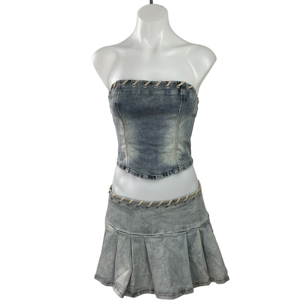 By DYLN Blue Strapless Bandeau Tube Crop Top Pleated Skirt Denim Jean 2 Pc Set S